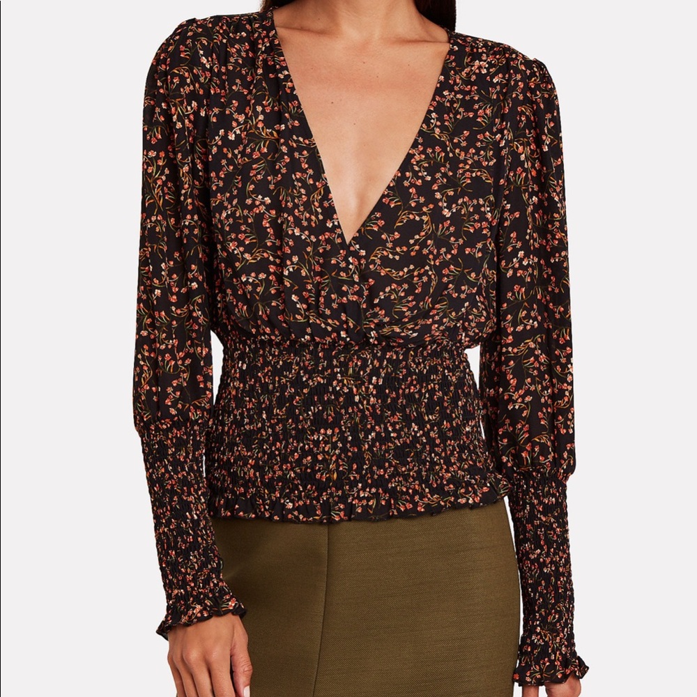 NICHOLAS Persimmon Smocked Silk V Neck Top
